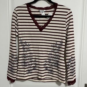 Desigual Women’s Floral Lace Striped Fine Knit Sweater -Made in Portugal- XL